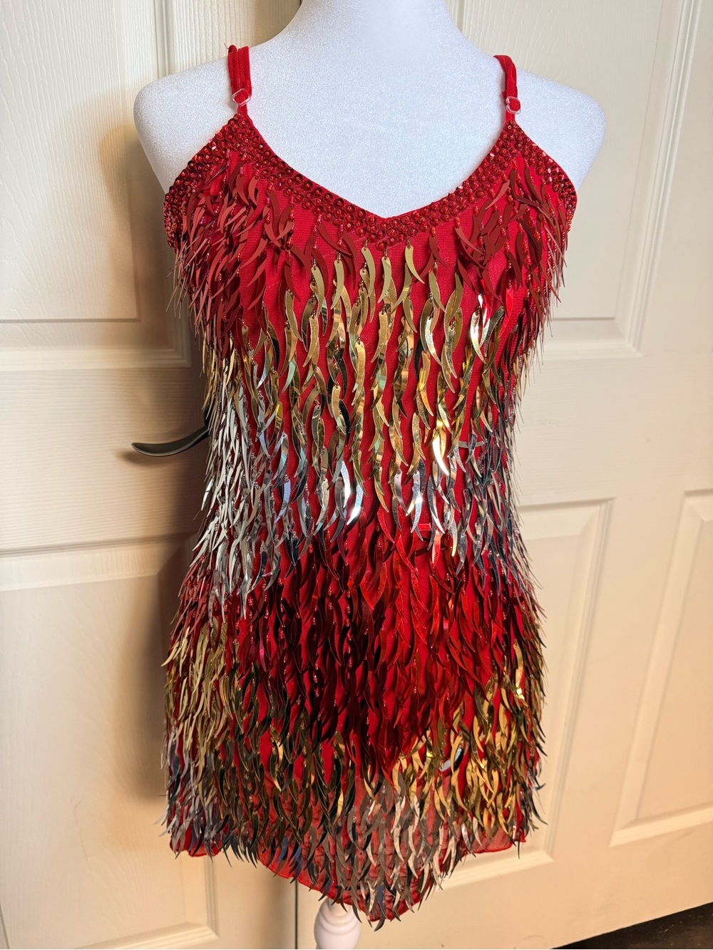 NWT Red Gold Silver Sequin Fringe Latin Dance Costume Rave Festival Dress XS XXS